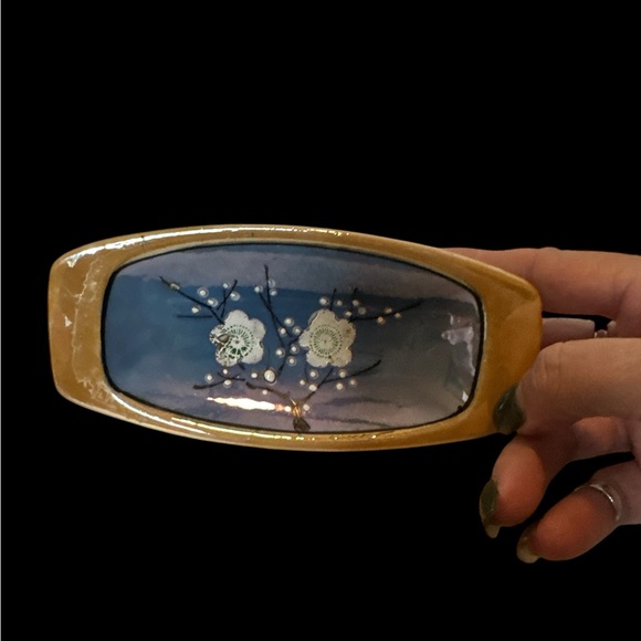 Lusterware Dish with Cherry Blossoms on Blue and Peach background. (F) - Picture 2 of 4